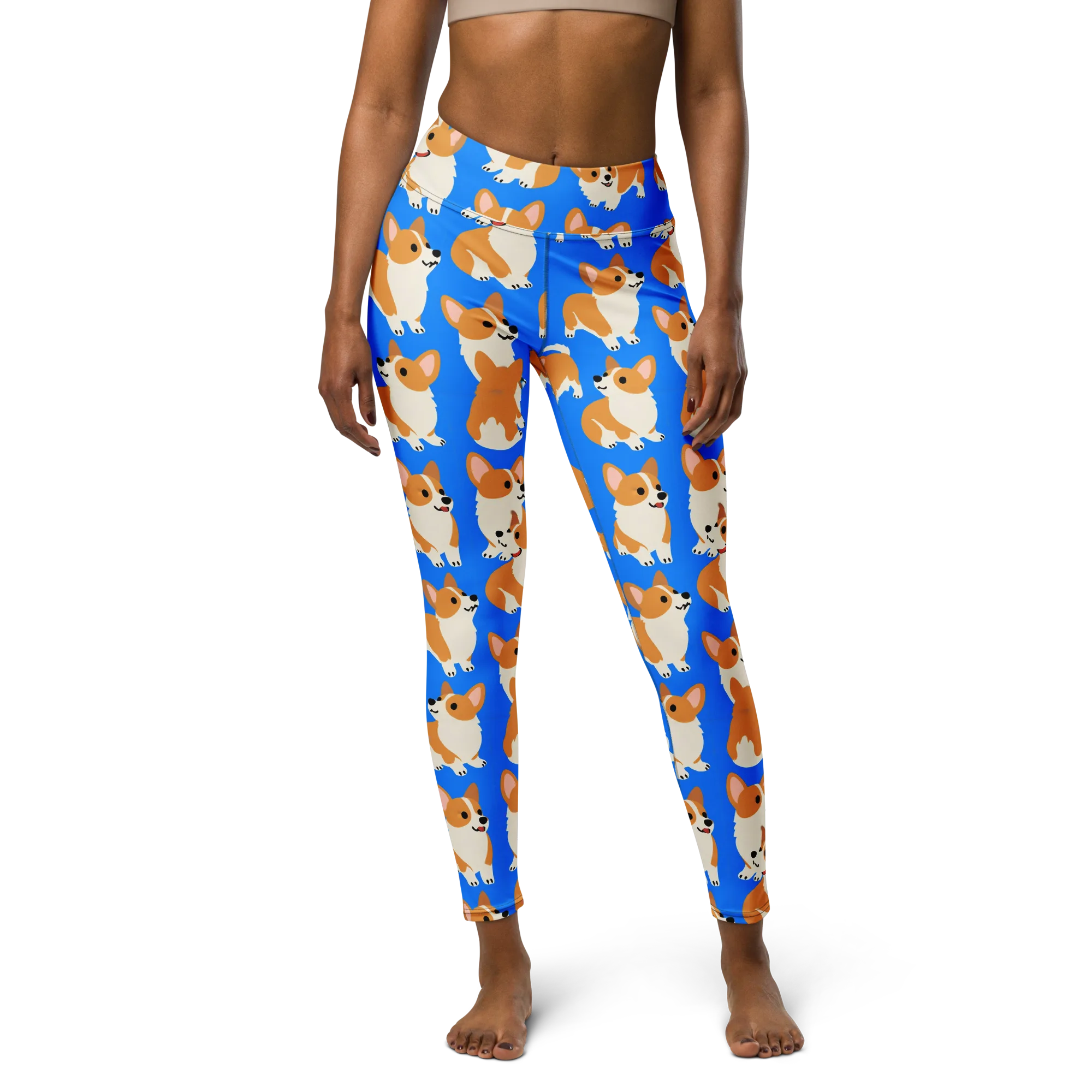 Blue Ribbon Corgis on Yoga Leggings — Front