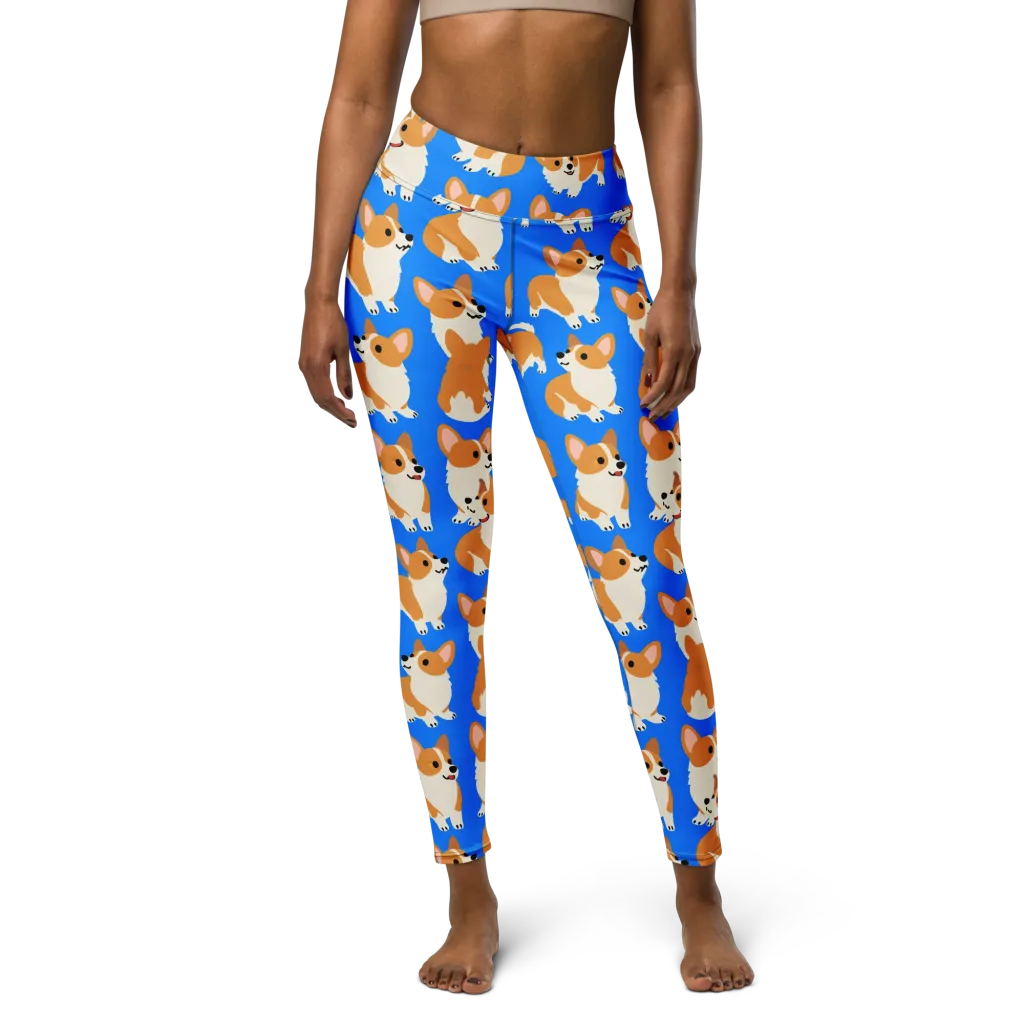 Blue Ribbon Corgis on Yoga Leggings — Front