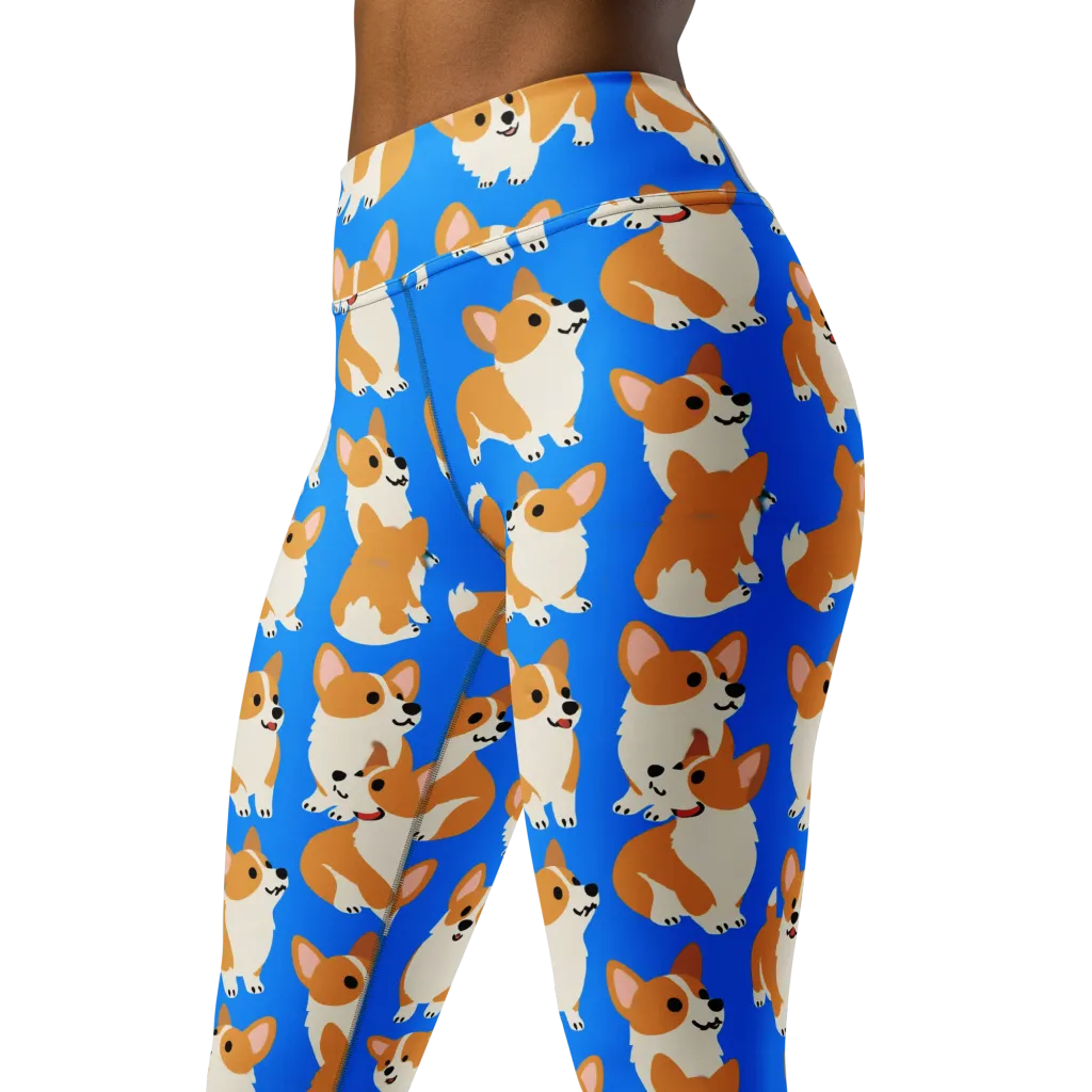 Blue Ribbon Corgis on Yoga Leggings — Left Front