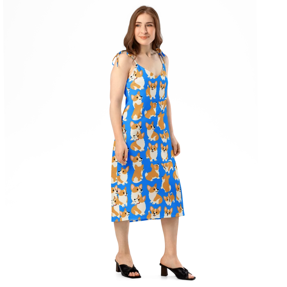 Blue Ribbon Corgis on Slip Dress — Right Front