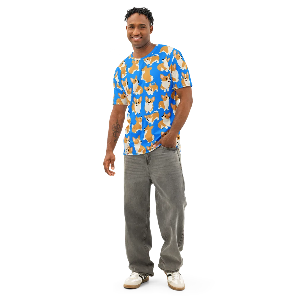 Blue Ribbon Corgis on Men's Cotton Crew Neck T-Shirt — Front