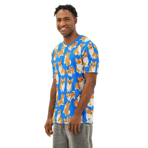 Blue Ribbon Corgis on a Men's Cotton Crew Neck T-Shirt