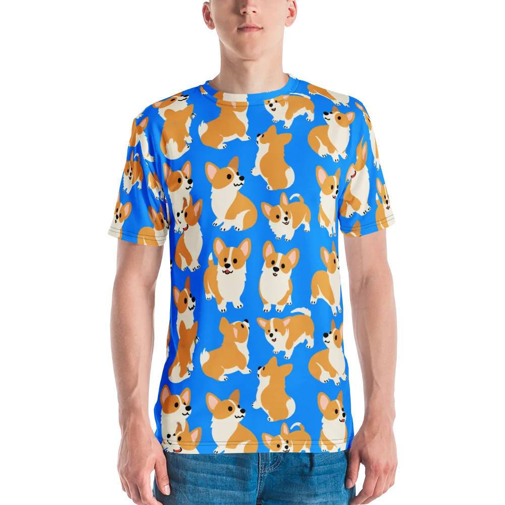 Blue Ribbon Corgis on Men's Crew Neck T-Shirt — Front
