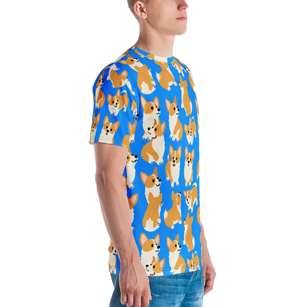 Blue Ribbon Corgis on Men's Crew Neck T-Shirt — Right