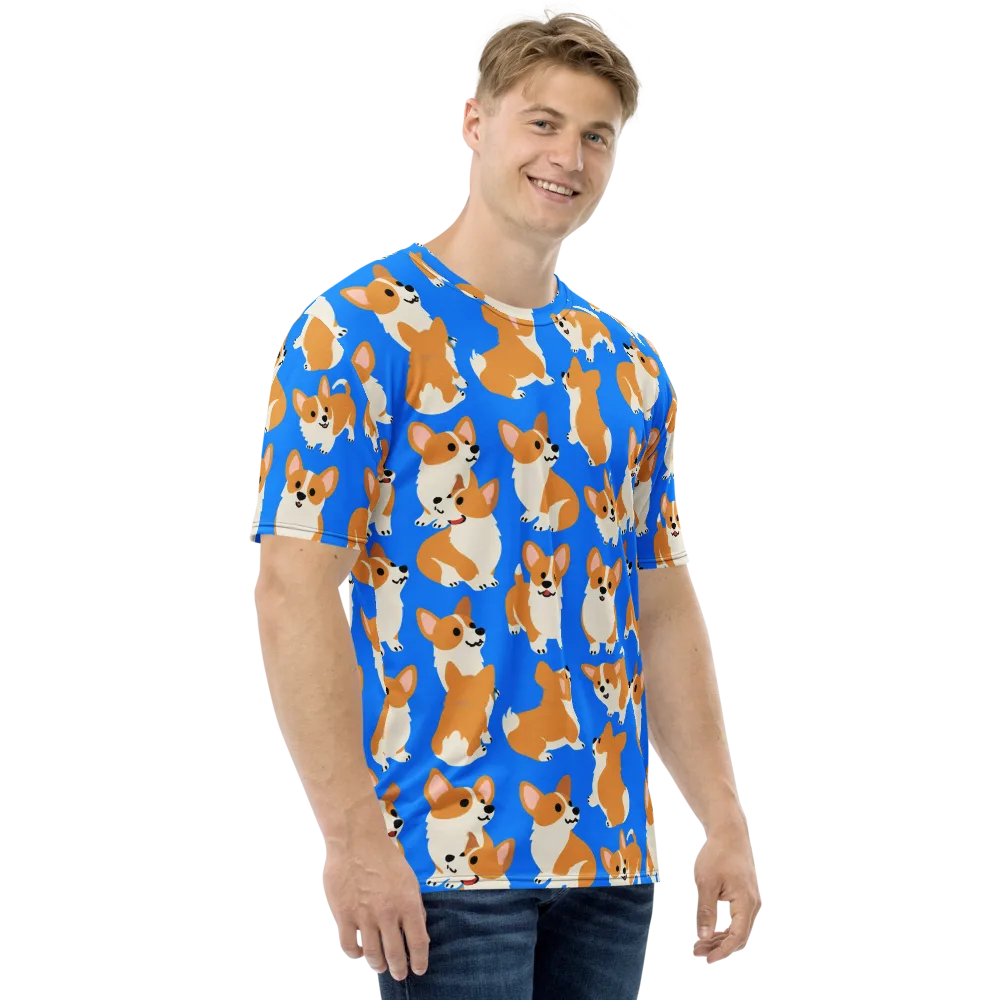 Blue Ribbon Corgis on Men's Crew Neck T-Shirt — Right