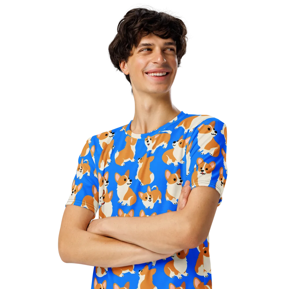 Blue Ribbon Corgis on Men's Crew Neck T-Shirt — Left Front