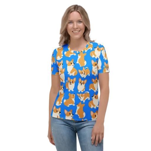 Blue Ribbon Corgis on a Women's Crew Neck T-Shirt