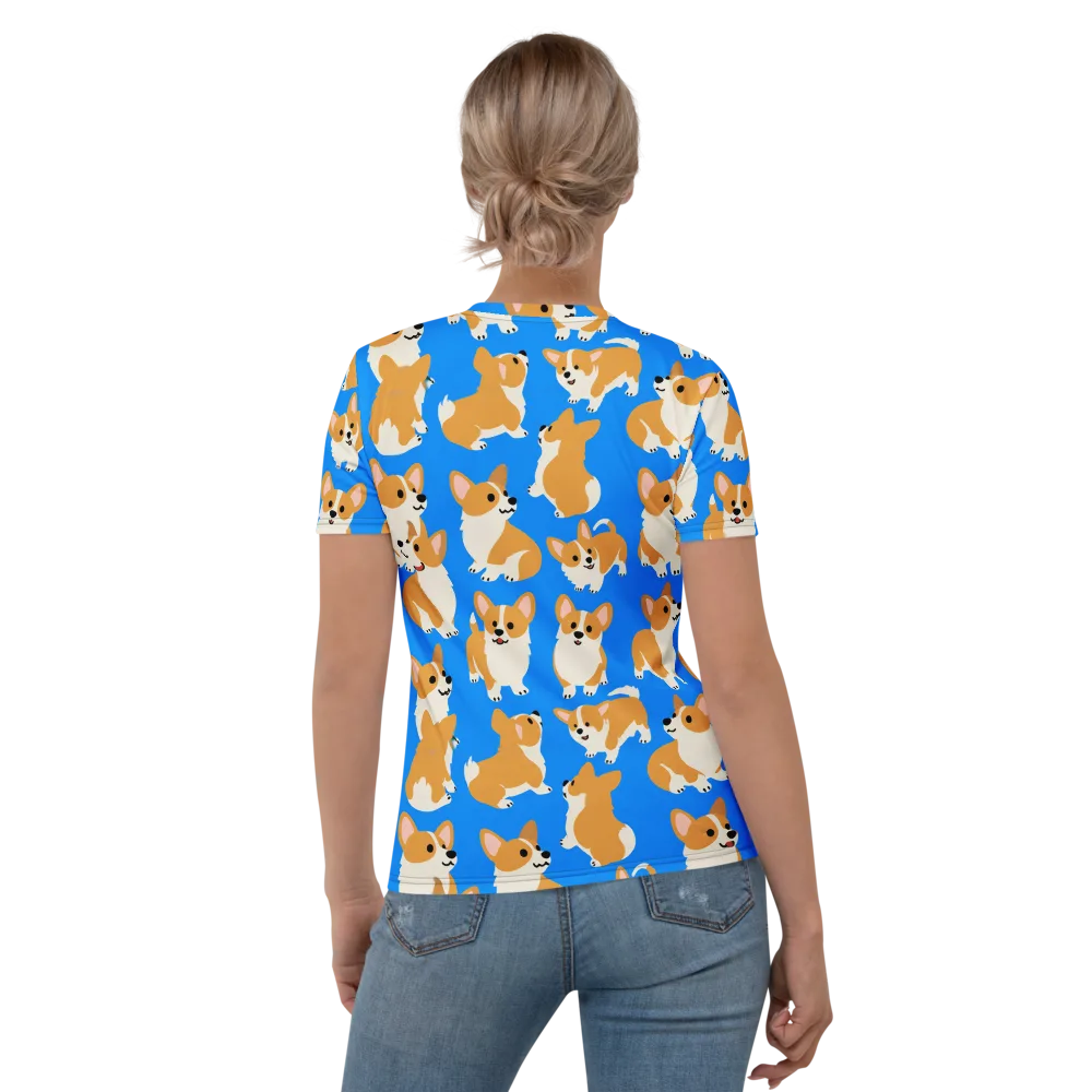 Blue Ribbon Corgis on Women's Crew Neck T-Shirt — Back