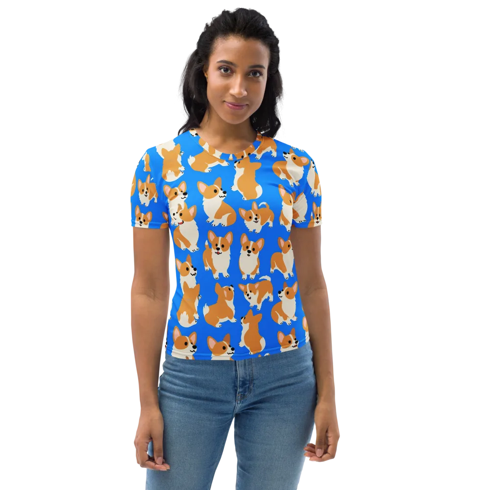 Blue Ribbon Corgis on Women's Crew Neck T-Shirt — Front