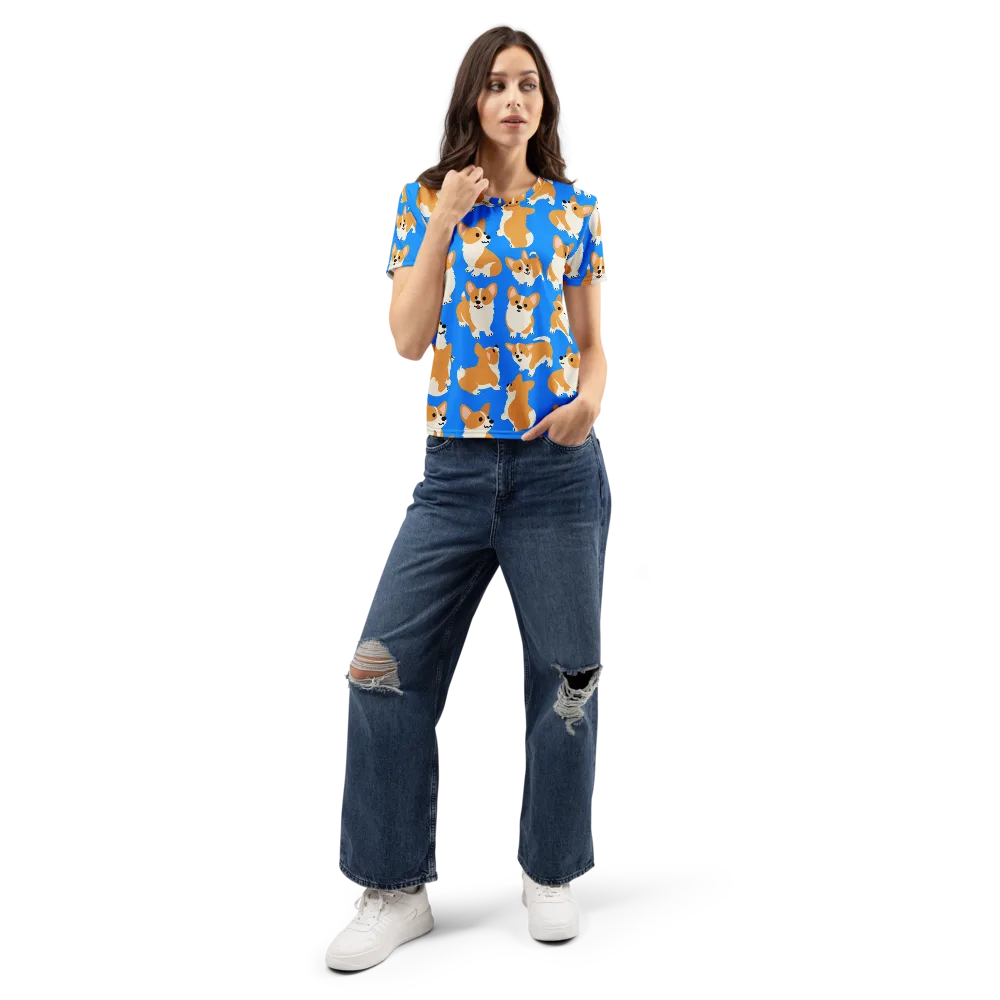 Blue Ribbon Corgis on Women's Crew Neck T-Shirt — Front