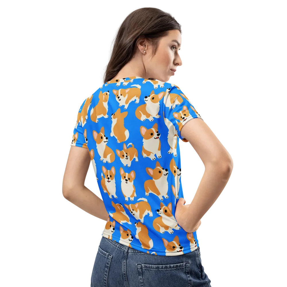 Blue Ribbon Corgis on Women's Crew Neck T-Shirt — Back