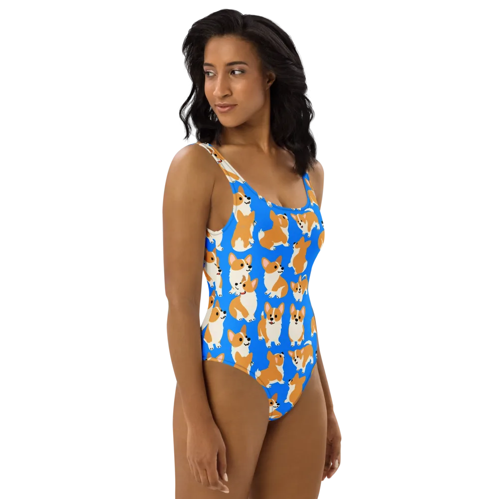 Blue Ribbon Corgis on One-Piece Swimsuit — Right