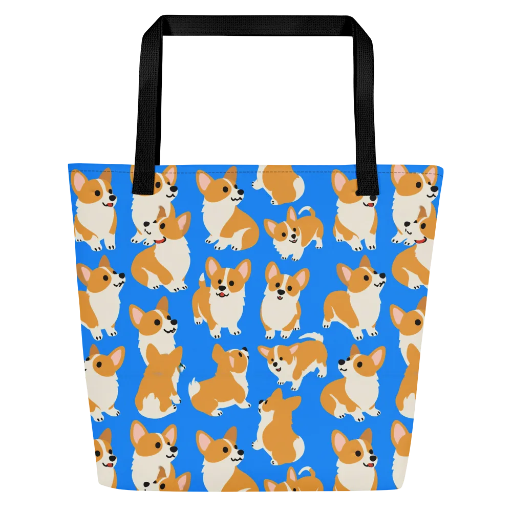 Blue Ribbon Corgis on Large Tote Bag W/ Pocket — Front