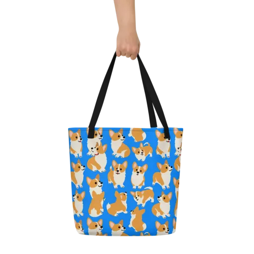 Blue Ribbon Corgis on a Large Tote Bag W/ Pocket