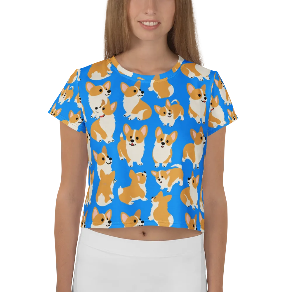 Blue Ribbon Corgis on Crop Tee — Front