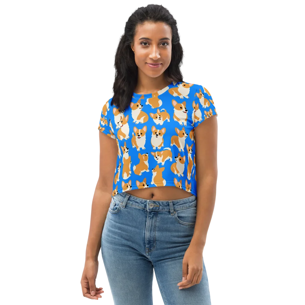 Blue Ribbon Corgis on Crop Tee — Front