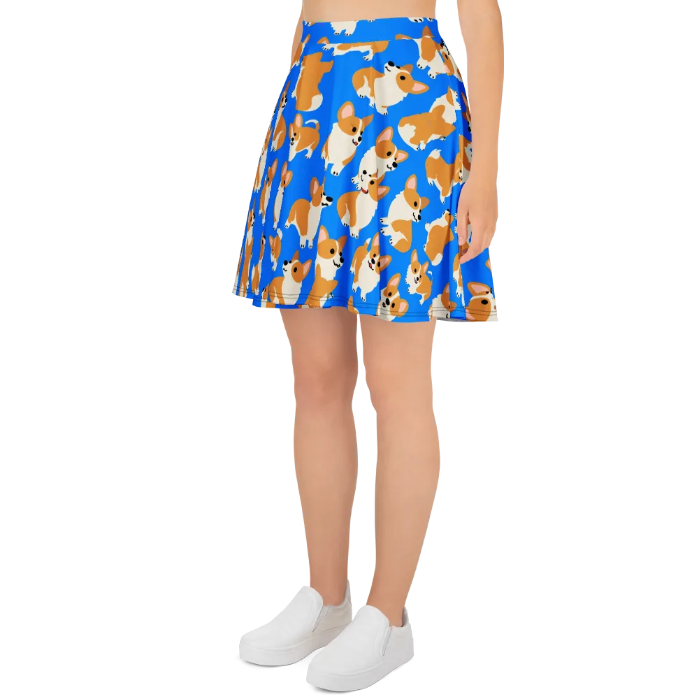 Blue Ribbon Corgis on Skater Skirt — Left