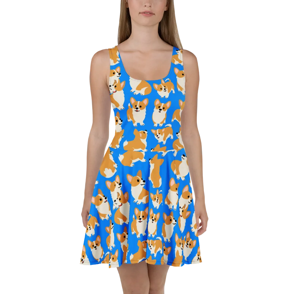 Blue Ribbon Corgis on Skater Dress — Front