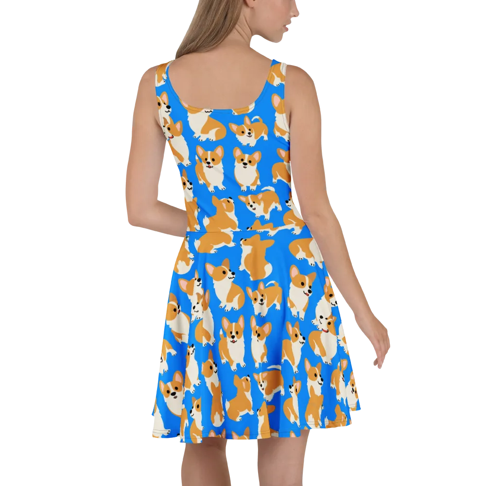 Blue Ribbon Corgis on Skater Dress — Back