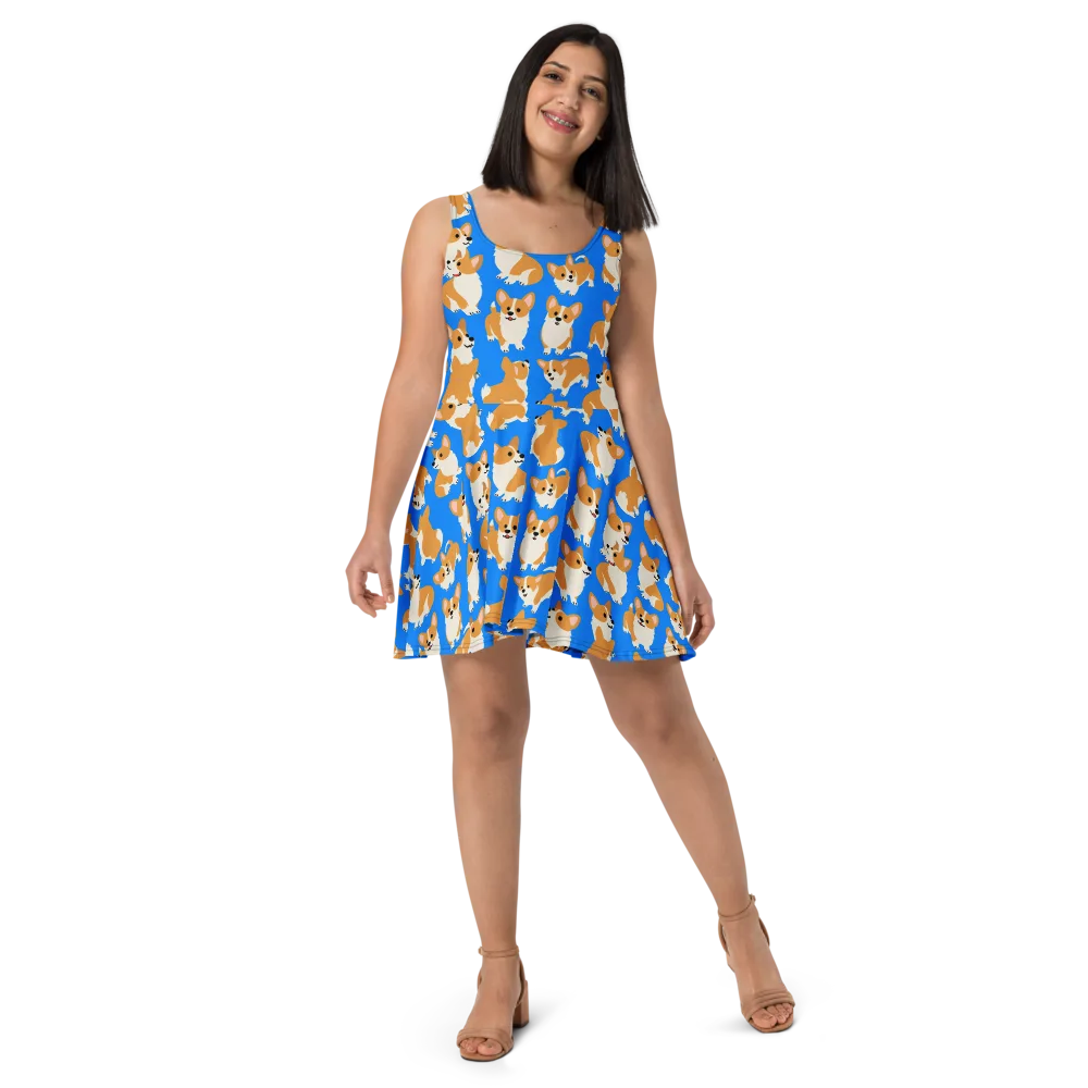 Blue Ribbon Corgis on Skater Dress — Front