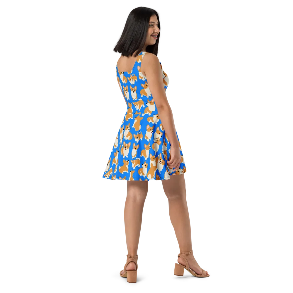 Blue Ribbon Corgis on Skater Dress — Right