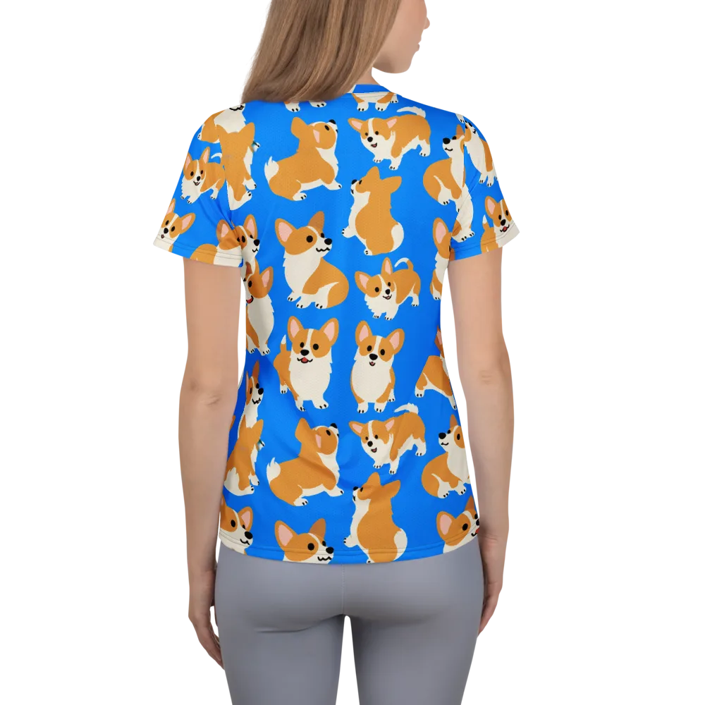 Blue Ribbon Corgis on Women's Athletic T-Shirt — Back