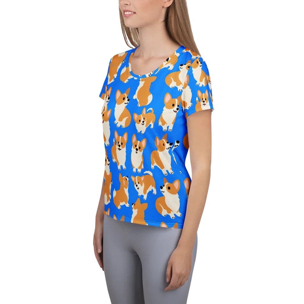 Blue Ribbon Corgis on Women's Athletic T-Shirt — Left