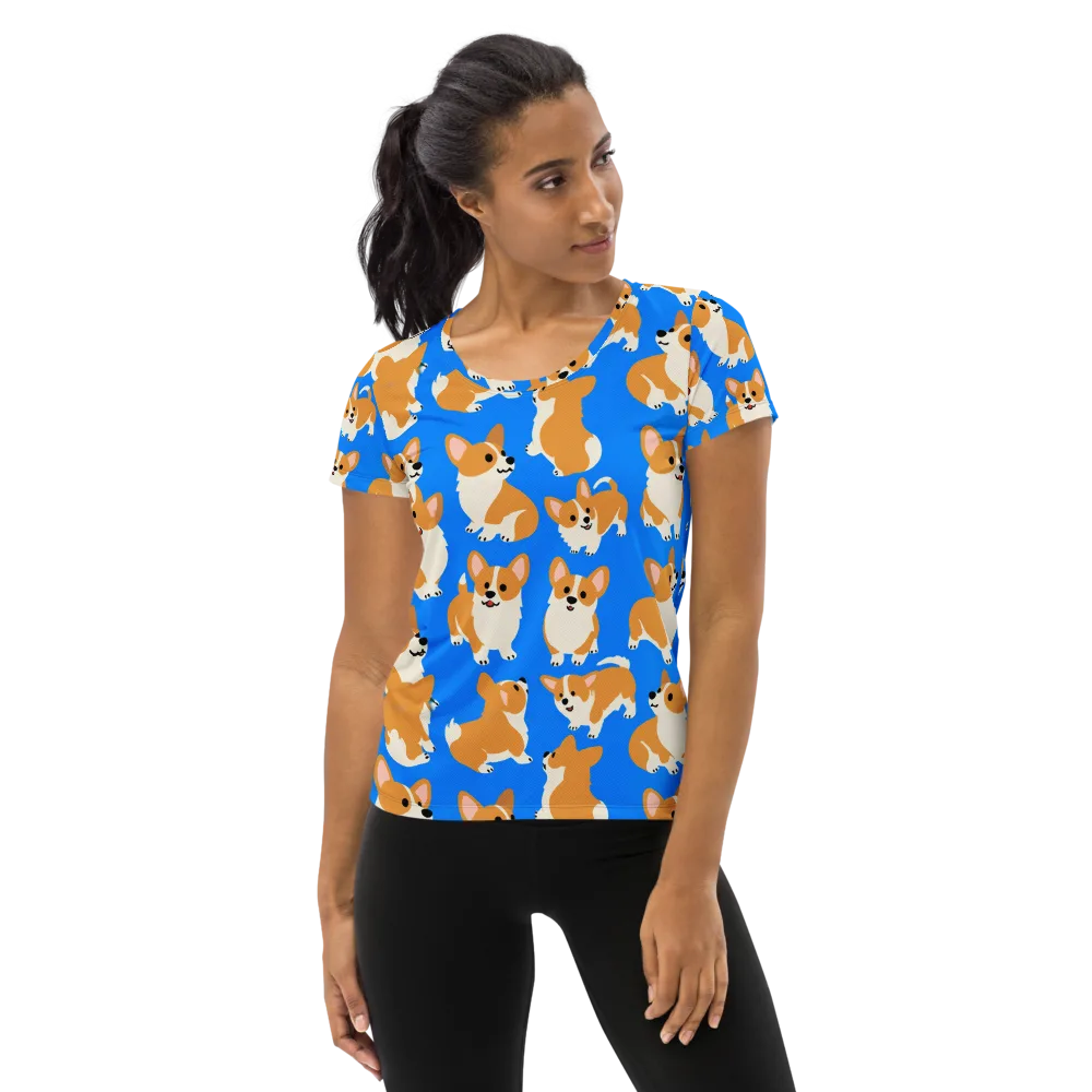 Blue Ribbon Corgis on Women's Athletic T-Shirt — Front