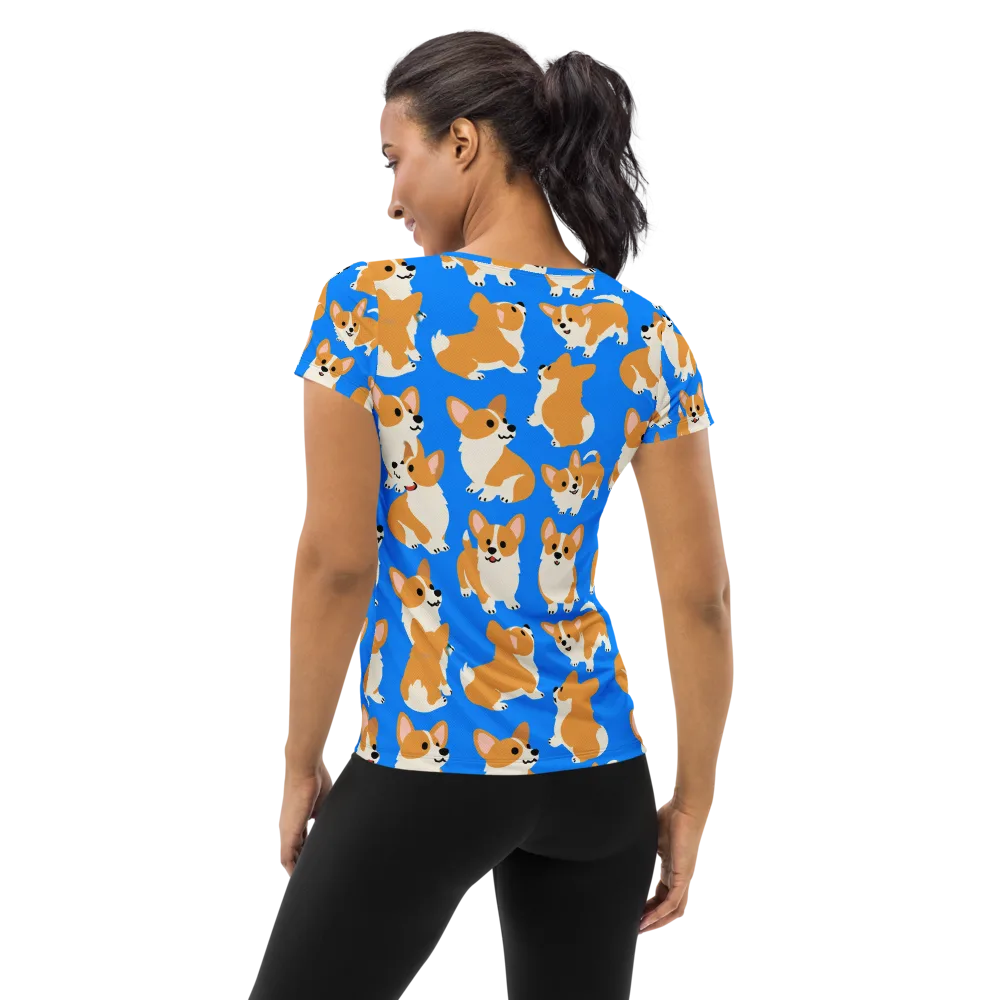Blue Ribbon Corgis on Women's Athletic T-Shirt — Back
