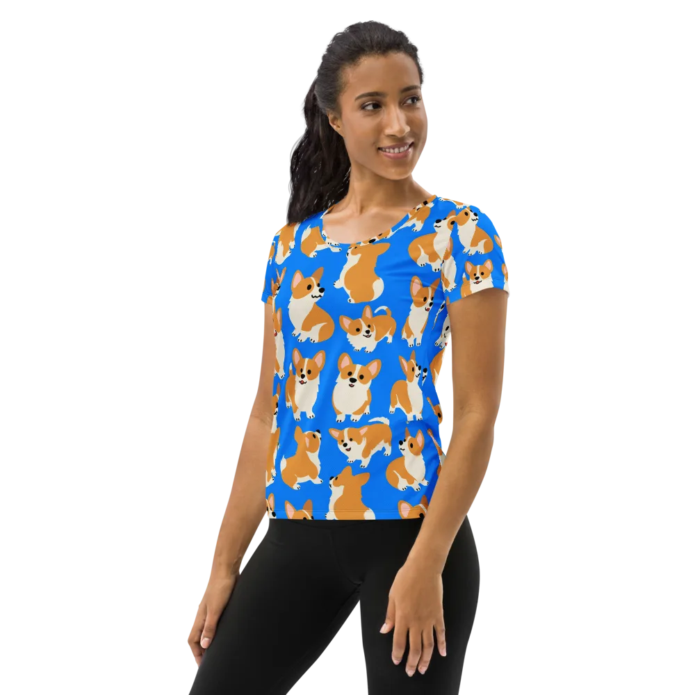 Blue Ribbon Corgis on Women's Athletic T-Shirt — Left