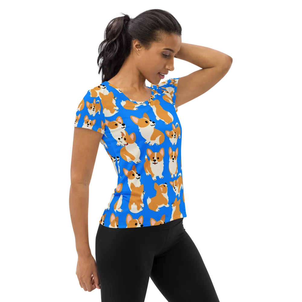 Blue Ribbon Corgis on Women's Athletic T-Shirt — Right