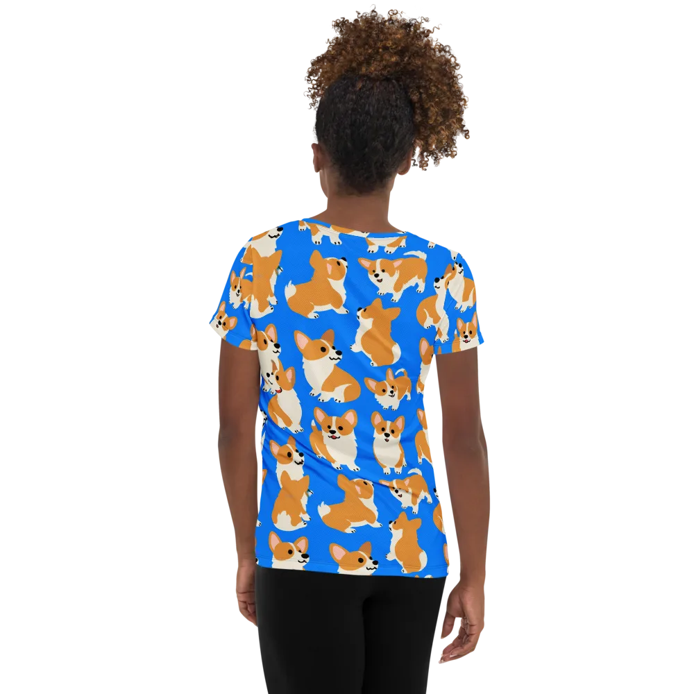 Blue Ribbon Corgis on Women's Athletic T-Shirt — Back