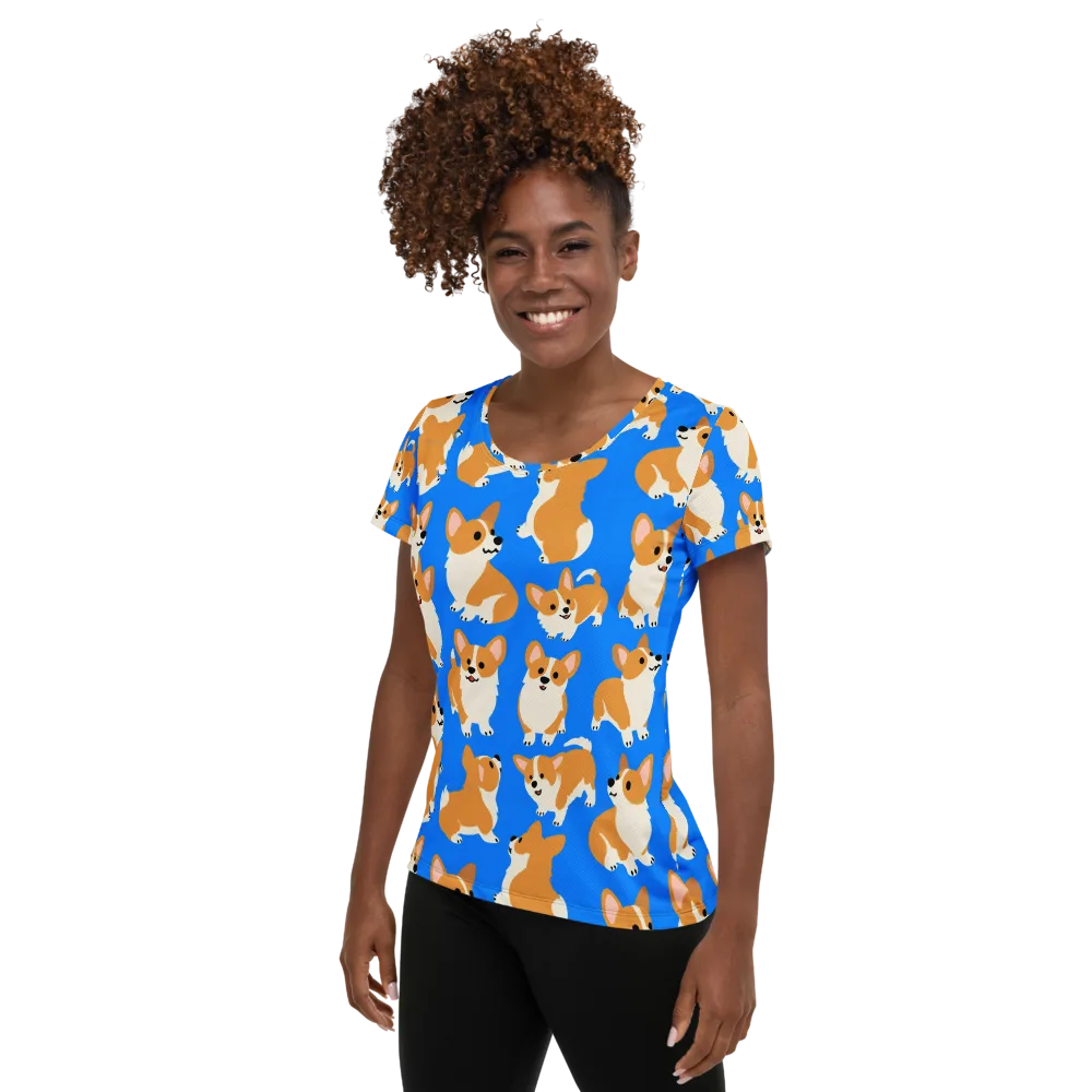 Blue Ribbon Corgis on Women's Athletic T-Shirt — Left