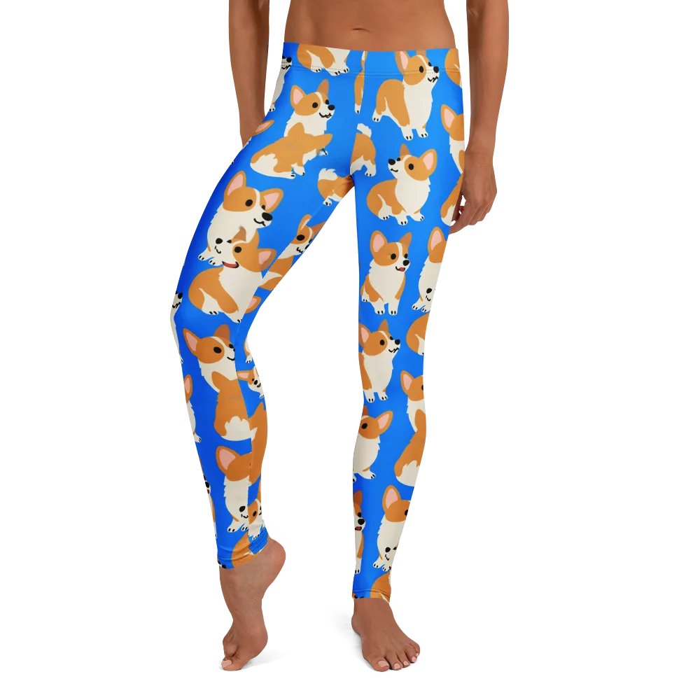 Blue Ribbon Corgis on Leggings — Front
