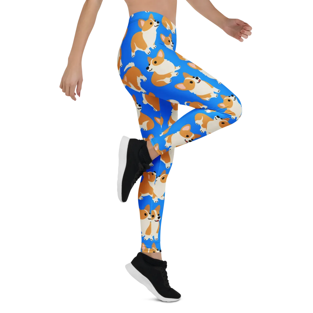 Blue Ribbon Corgis on Leggings — Right