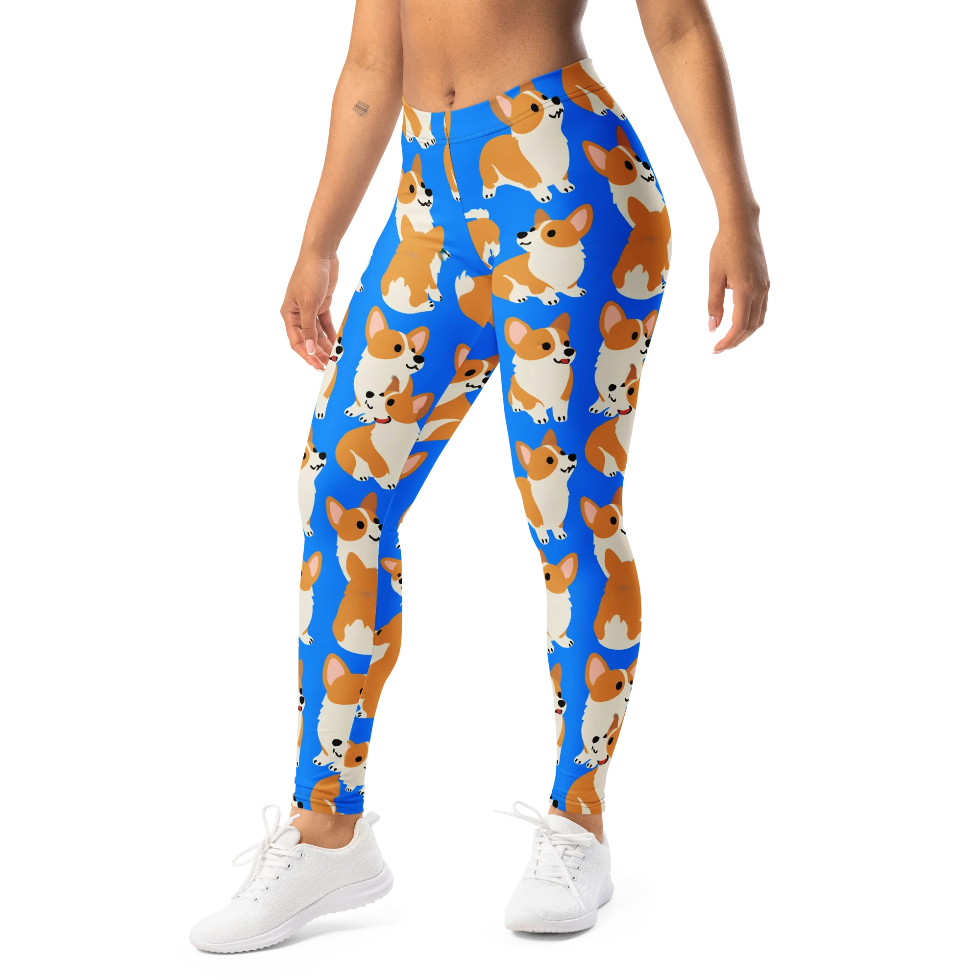 Blue Ribbon Corgis on Leggings — Left Front