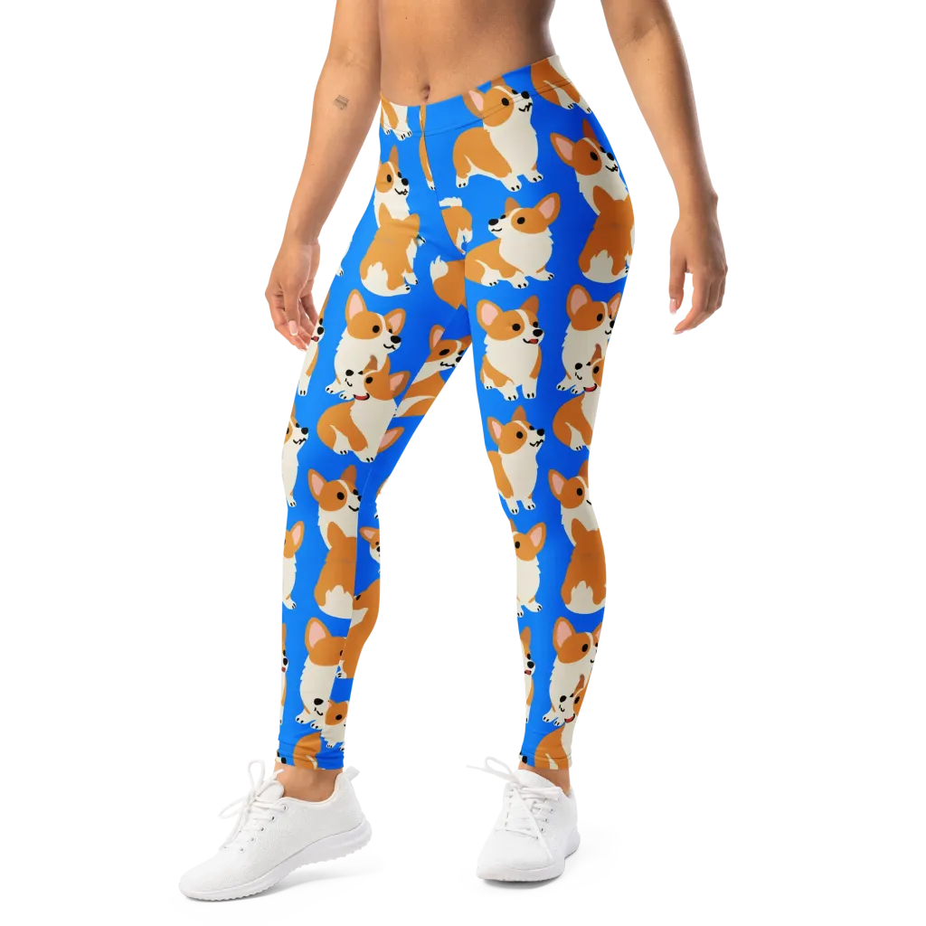 Blue Ribbon Corgis on Leggings — Left Front