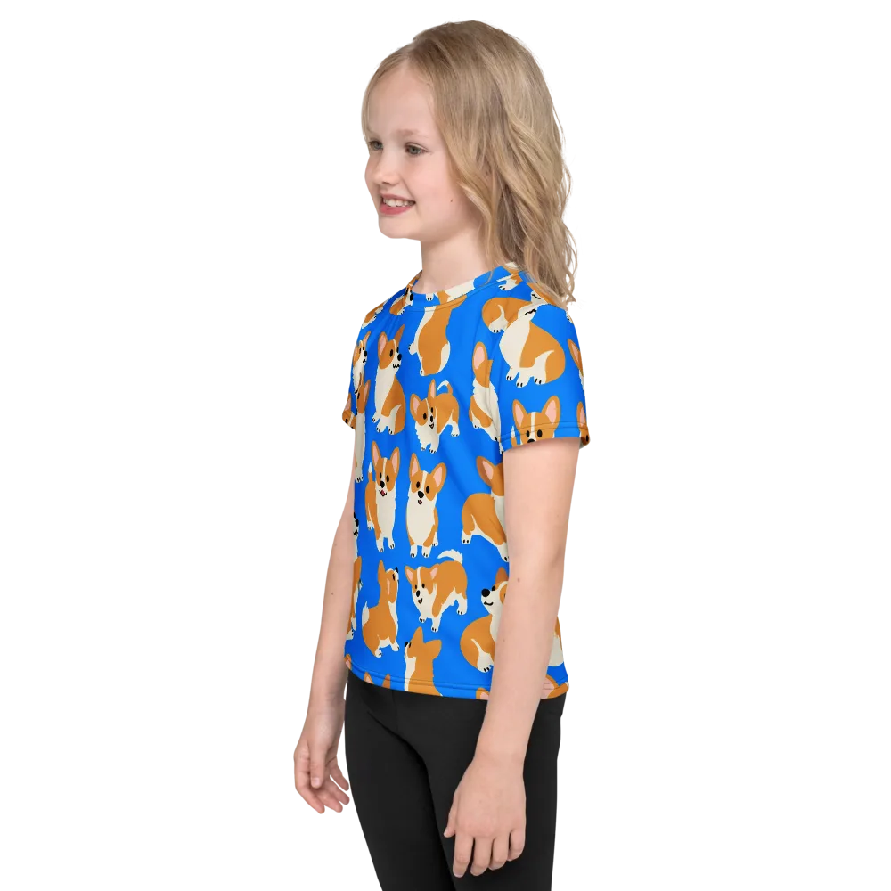 Blue Ribbon Corgis on Kids Crew Neck T-Shirt — Left
