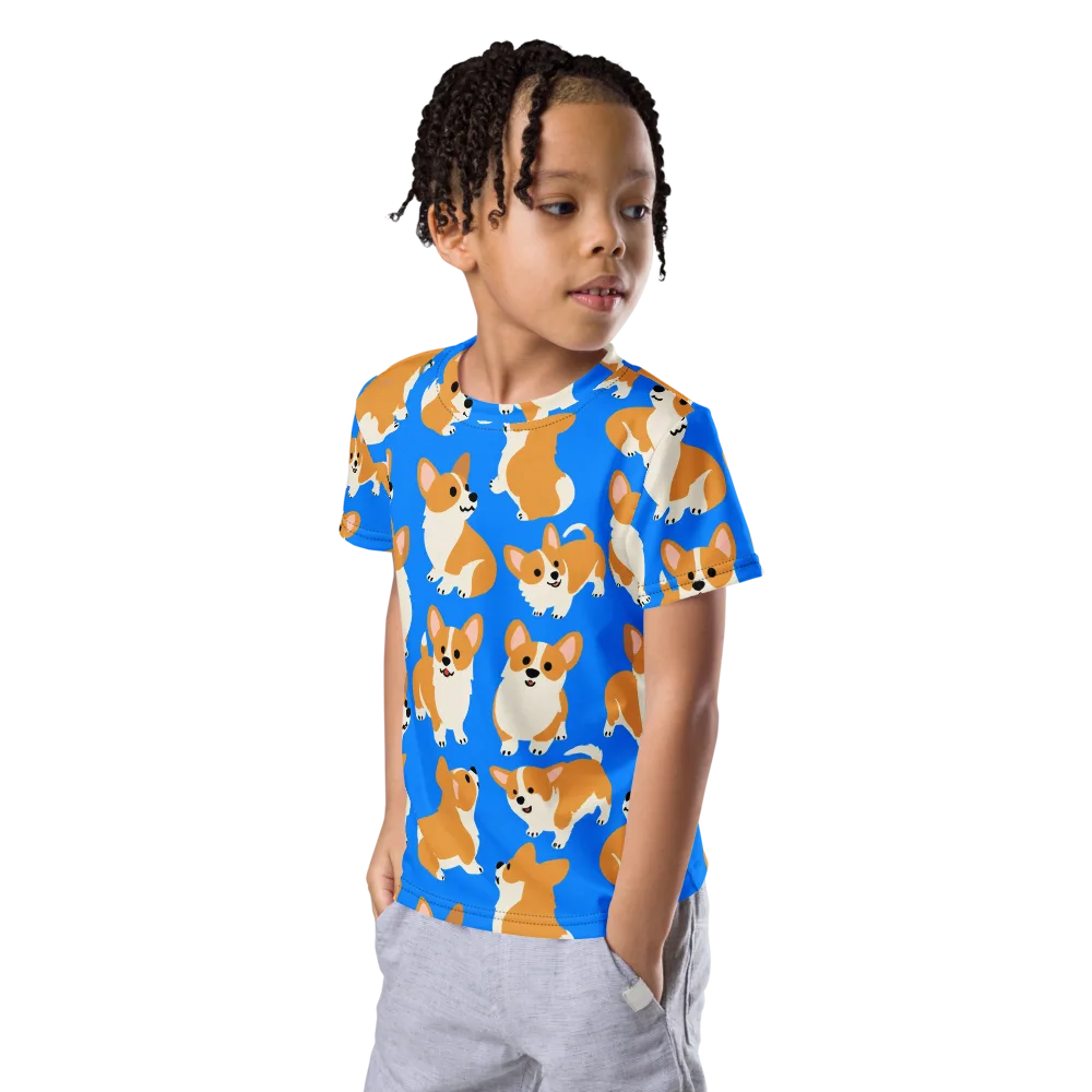Blue Ribbon Corgis on Kids Crew Neck T-Shirt — Left Front