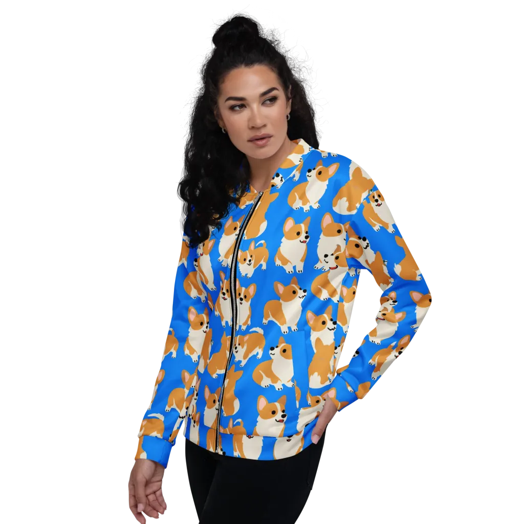 Blue Ribbon Corgis on Bomber Jacket — Left