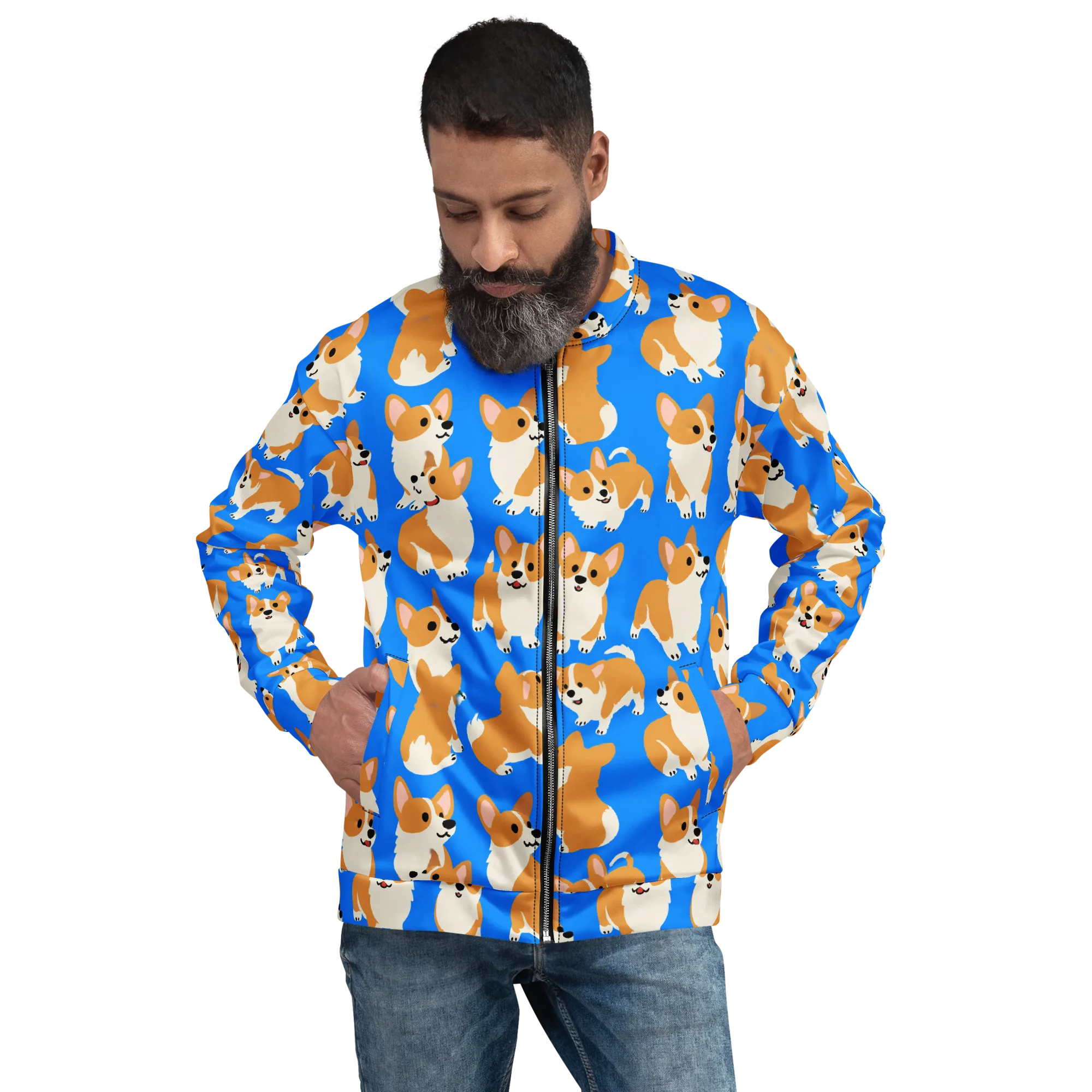 Blue Ribbon Corgis on Bomber Jacket — Front