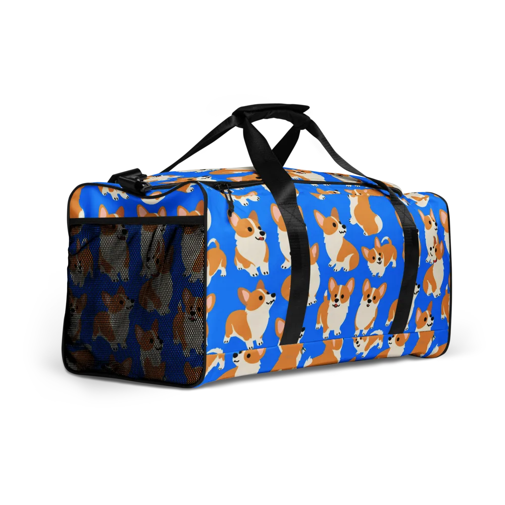 Blue Ribbon Corgis on Duffle Bag — Right Front