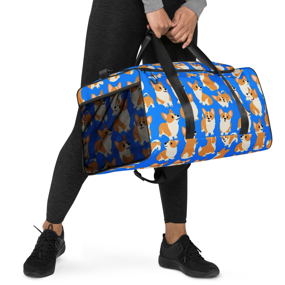 Blue Ribbon Corgis on Duffle Bag — Right Front