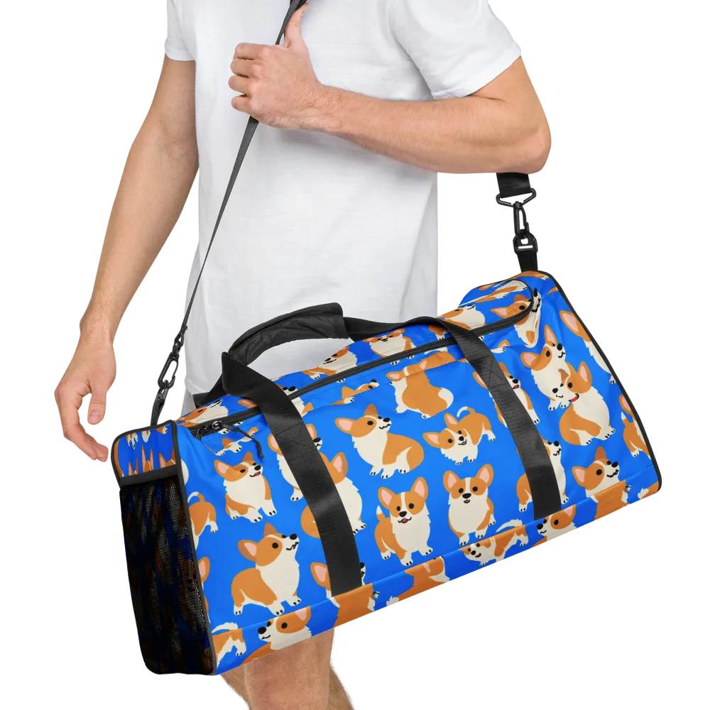 Blue Ribbon Corgis on Duffle Bag — Right Front
