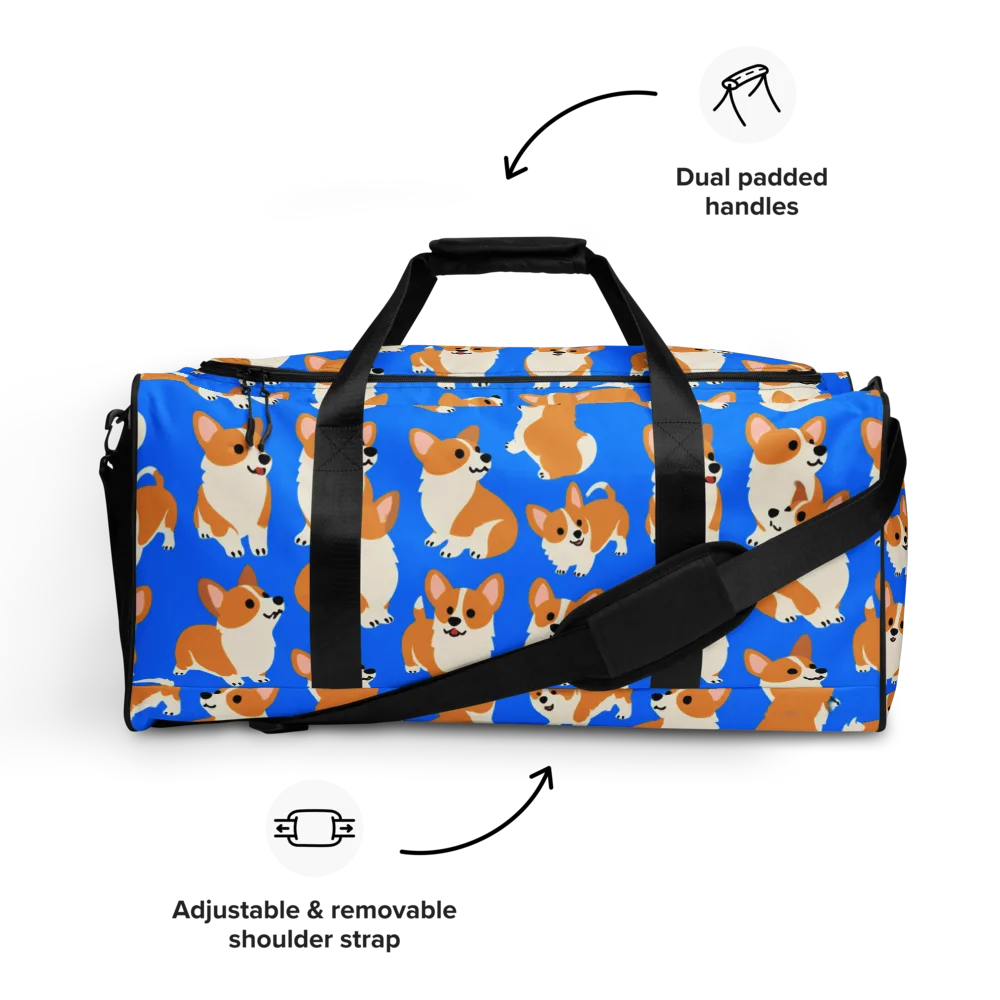 Blue Ribbon Corgis on Duffle Bag — Front