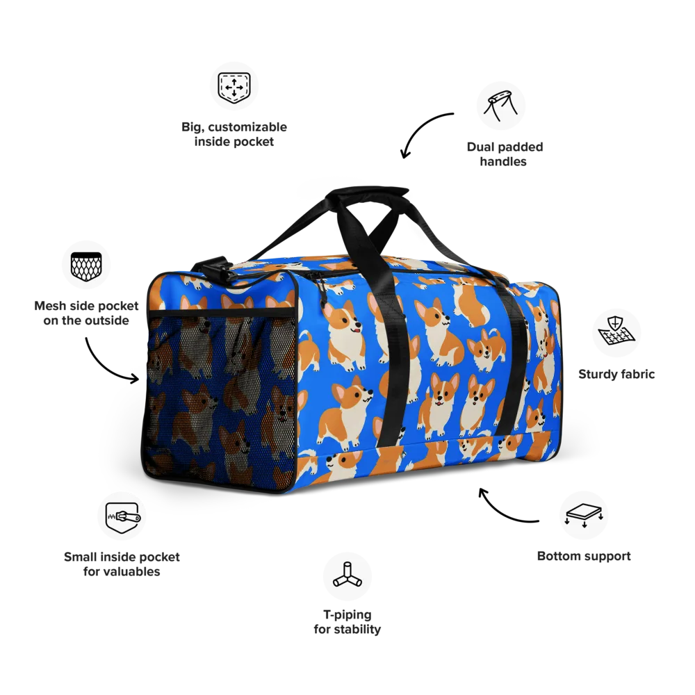 Blue Ribbon Corgis on Duffle Bag — Right Front