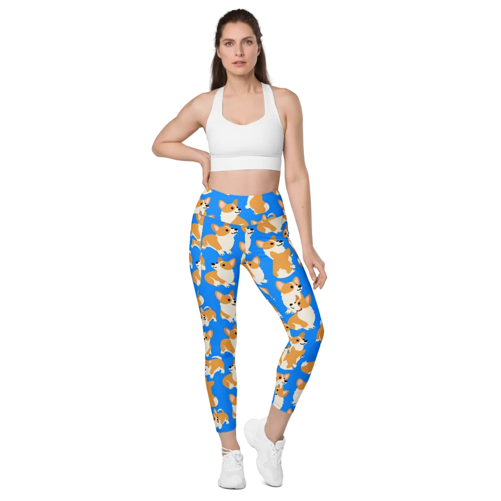 Blue Ribbon Corgis on Leggings with Pockets — Front