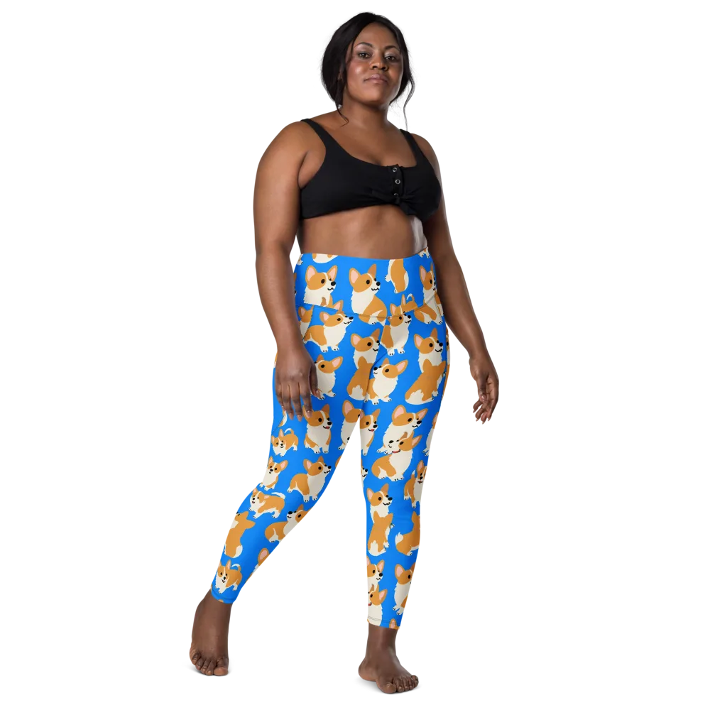 Blue Ribbon Corgis on Leggings with Pockets — Front