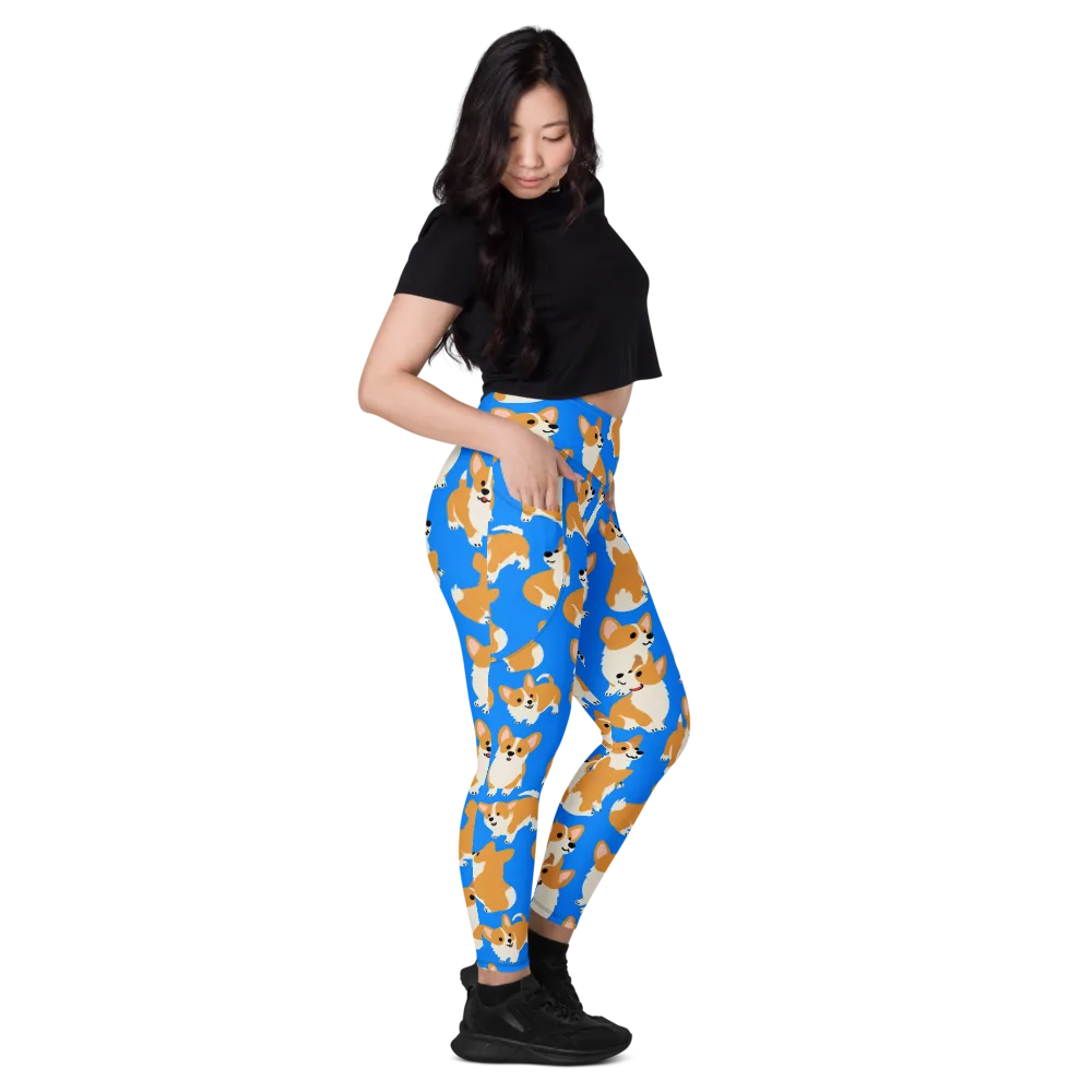 Blue Ribbon Corgis on Leggings with Pockets — Right