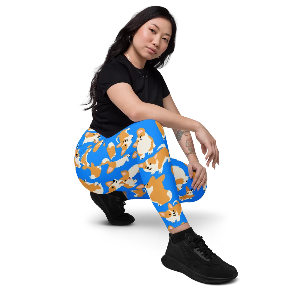 Blue Ribbon Corgis on Leggings with Pockets — Right Front